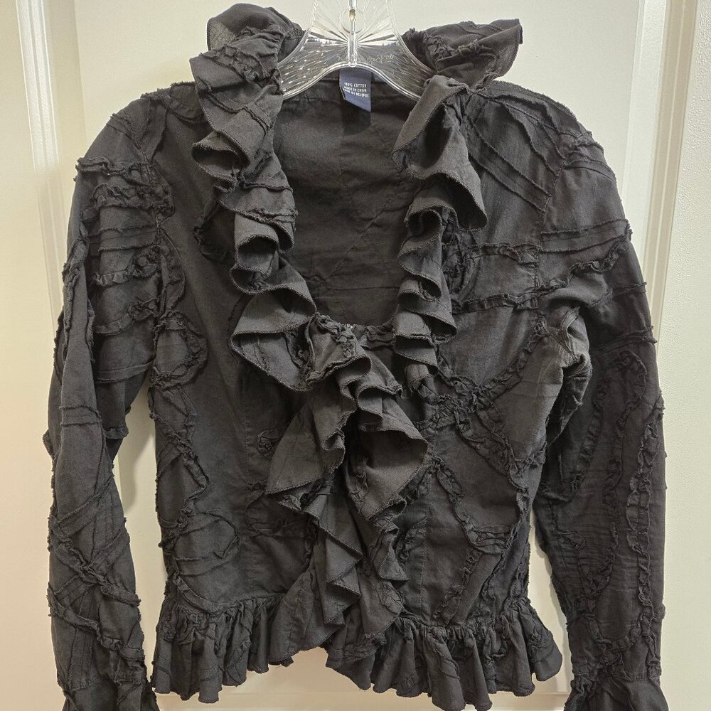 Elegant Black Peplum Zip Front Ruffle Top